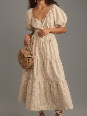 Anthropologie Cream Polka-Dot Puff-Sleeve Tiered Midi Dress
